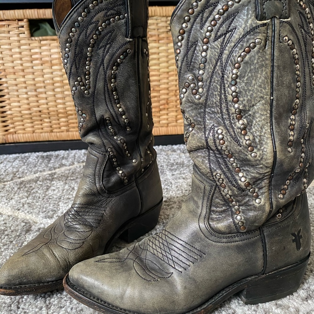 Frye studded cowboy boots.